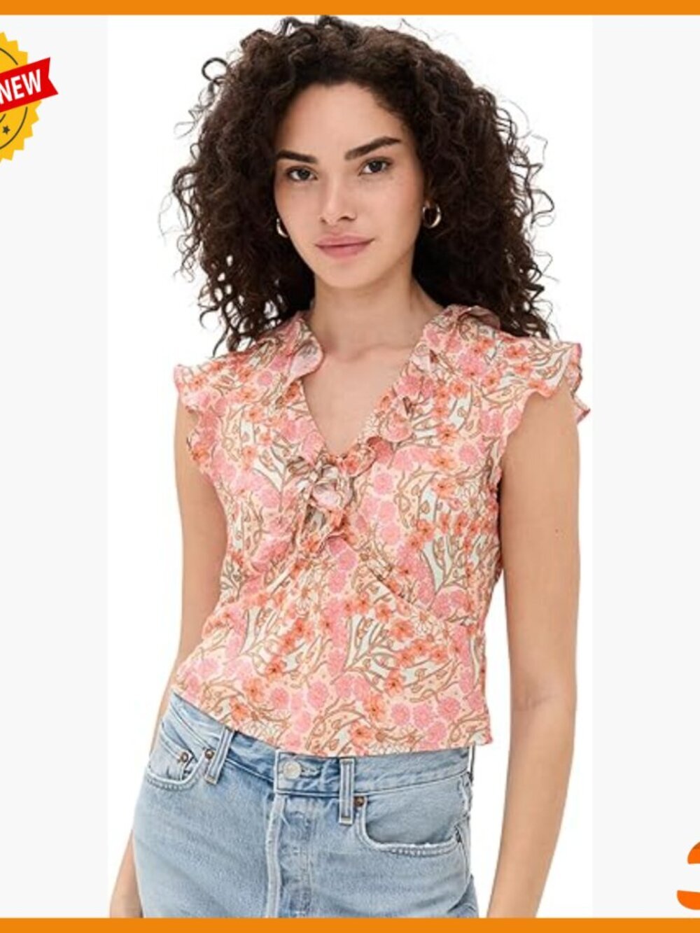 Cropped Floral Blouse with Ruffled Sleeves, Rayon, V-Neck